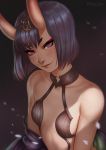  breasts dandon_fuga dark_background fangs fate/grand_order fate_(series) horns impossible_clothes looking_at_viewer purple_hair revealing_clothes shuten_douji_(fate/grand_order) small_breasts smile upper_body violet_eyes 