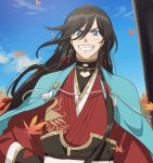  1boy autumn_leaves black_hair blue_eyes braid earrings grin izumi-no-kami_kanesada japanese_clothes jewelry male_focus matsuki_(mikipingpong) side_braid smile touken_ranbu 