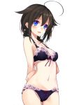  1girl ahoge arms_behind_back black_bra black_panties blue_eyes blush bow bow_bra bow_panties bra breasts brown_hair collarbone cowboy_shot hair_between_eyes hair_flaps kantai_collection lace lace-trimmed_bra lace-trimmed_panties long_hair looking_at_viewer medium_breasts navel open_mouth panties red_bow remodel_(kantai_collection) shigure_(kantai_collection) shirokitsune simple_background smile solo standing underwear underwear_only white_background 