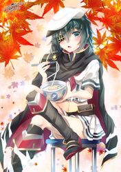  1girl anchor_symbol autumn_leaves bag belt black_legwear blush boots cape chopsticks crossed_arms dated eyepatch food green_eyes green_hair hair_between_eyes hat holding_bowl kantai_collection kiso_(kantai_collection) knee_boots leaf looking_at_viewer maple_leaf navel neckerchief noodles open_mouth pauldrons remodel_(kantai_collection) sailor_hat school_uniform serafuku short_hair short_sleeves signature sitting solo udon yuihira_asu 