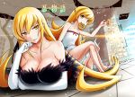  2girls bakemonogatari bare_shoulders blonde_hair breasts chin_rest cleavage collarbone copyright_name crossed_legs doughnut dress dual_persona elbow_gloves food gloves kiss-shot_acerola-orion_heart-under-blade long_hair long_legs looking_at_viewer lying mister_donut monogatari_(series) mouth_hold multiple_girls on_stomach oshino_shinobu sandals sitting yellow_eyes yuki_mizore 