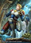  1boy armor armored armored_boots blonde_hair blue_eyes boots company_name fire_emblem fire_emblem_cipher fire_emblem_if gloves harold_(fire_emblem_if) horse injury leaf official_art open_mouth sky solo teeth tree water 