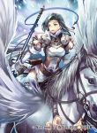  1girl armor circlet company_name feathered_wings fire_emblem fire_emblem:_seisen_no_keifu fire_emblem_cipher fur_trim gloves green_eyes green_hair long_hair mahnya_(fire_emblem) official_art open_mouth pegasus pegasus_knight polearm snowing spear weapon wings 