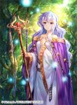  1girl bare_shoulders circlet company_name diadora_(fire_emblem) dress female fire_emblem fire_emblem:_seisen_no_keifu fire_emblem_cipher fuji_choko leaf long_hair official_art purple_hair solo staff strapless strapless_dress tree violet_eyes wide_sleeves 