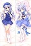  1girl :3 animal_hood bakugadou bangs bed_sheet blue_bow blue_bowtie blue_hair blush bow bowtie breasts character_request closed_mouth copyright_request dakimakura dress eyebrows eyebrows_visible_through_hair flower frilled_dress frills full_body gloves hair_flower hair_ornament hand_on_own_chest hand_to_own_mouth hand_up hat hat_bow holding holding_stuffed_animal hood long_hair looking_at_viewer lying multiple_views no_shoes on_back parted_lips pillow pink_bow puffy_short_sleeves puffy_sleeves rabbit shirt short_sleeves small_breasts socks striped striped_bow striped_bowtie striped_pillow stuffed_animal stuffed_toy thigh-highs twintails white_gloves white_legwear wrist_cuffs x_hair_ornament 