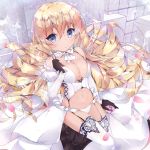  1girl bare_shoulders black_gloves blonde_hair blue_eyes breasts cleavage closed_mouth corset covered_nipples cowboy_shot detached_sleeves drill_hair eyebrows eyebrows_visible_through_hair frills from_above gloves hair_between_eyes highres lion_(zhan_jian_shao_nyu) long_hair looking_at_viewer navel panties petals puffy_sleeves sitting solo stomach thigh-highs twiska_(doubitian) underwear very_long_hair white_panties zhan_jian_shao_nyu 