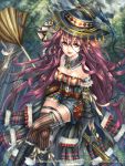  adjusting_clothes adjusting_hat arm_belt bad_proportions belt black_boots black_gloves boots breasts broom broom_riding brown_eyes brown_legwear cleavage gloves hair_ribbon hat light_rays long_hair looking_at_viewer official_art outdoors pink_hair pouch ribbon rindou_(rdgraphica) striped striped_legwear teikoku_senki tree vial watermark witch witch_hat 