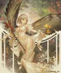  1girl bare_shoulders blush breasts brown_eyes brown_hair brown_wings cleavage company_name detached_collar flower freya_(shingeki_no_bahamut) holding holding_flower holding_staff medium_breasts n.a. parted_lips shingeki_no_bahamut shirt short_hair silhouette sleeveless sleeveless_shirt solo staff watermark white_shirt wings 