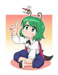  1girl :o antennae blush bobby_socks breasts cape chibi collared_shirt dragonfly green_eyes green_hair index_finger_raised insect juliet_sleeves long_sleeves pointing puffy_sleeves shirt shoes short_hair shorts small_breasts socks solo touhou unachika wriggle_nightbug 