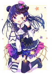  1girl asymmetrical_legwear blue_hair blush garter_straps gothic_lolita hair_bun hat heart highres kneeling lolita_fashion long_hair looking_at_viewer love_live! love_live!_sunshine!! mafuyu_(chibi21) mini_hat mini_top_hat one_eye_closed open_mouth smile solo star striped striped_background striped_legwear thigh-highs top_hat tsushima_yoshiko violet_eyes 