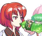  2girls bottle brand_name_imitation constricted_pupils drinking green_hair horikawa_raiko kazami_yuuka long_sleeves looking_at_another moriya_suwako mountain_dew multiple_girls parasol plaid plaid_vest portrait profitshame red_eyes red_vest redhead short_hair simple_background touhou umbrella white_background white_coat 