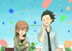  1boy 1girl ^_^ black_hair blouse brown_hair closed_eyes confetti hand_on_own_cheek happy_tears holding_bag ishida_shouya koe_no_katachi long_hair long_sleeves necktie nishimiya_shouko open_mouth short_hair short_sleeves skirt smile tears ukimesato 