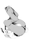  1girl :d absurdres animal_ears bunnysuit covering covering_crotch ebisumaru_(ebisumaru3) feet foreshortening full_body hand_on_own_head highres monochrome open_mouth original pantyhose pov_feet rabbit_ears smile soles solo 
