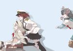  3girls anger_vein black_hair blonde_hair blue_eyes braid brown_hair chasing closed_eyes dress female_admiral_(kantai_collection) french_braid garter_straps glasses gloves green_eyes hairband hat kantai_collection lace lace-trimmed_thighhighs long_hair military military_uniform multiple_girls ooyodo_(kantai_collection) peaked_cap pin.s ponytail school_uniform serafuku short_hair thigh-highs uniform warspite_(kantai_collection) wheelchair zettai_ryouiki 