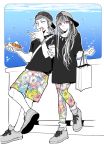  1boy 1girl backwards_hat bag bangs baseball_cap blunt_bangs bracelet braid bubble casual cup dangan_ronpa drink eating food hat hot_dog leggings long_hair meiji_(pecosyr5) mioda_ibuki monochrome piercing pink_eyes shopping_bag shorts side_braid sneakers souda_kazuichi streaked_hair super_dangan_ronpa_2 t-shirt water 