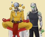  ... 2boys bag butterfly cape commentary cosplay cyborg elliephantes floating genji_(overwatch) genos genos_(cosplay) lotus_position multiple_boys omnic one-punch_man orb overwatch parody robot saitama_(one-punch_man) saitama_(onepunch_man)_(cosplay) shopping_bag tank_top zenyatta_(overwatch) 