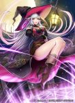  1girl bare_shoulders blue_eyes boots breasts cleavage company_name female fire_emblem fire_emblem_cipher fire_emblem_if hat high_heel_boots high_heels lantern legs long_hair magic_circle matsurika_youko moon night night_sky official_art shade_(fire_emblem) sky solo sparkle star_(sky) thighs very_long_hair wand white_hair witch_hat 