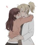  2girls blonde_hair blush brown_hair casual closed_eyes d.va_(overwatch) ear_blush facial_mark from_side heart hug lifted_by_another long_sleeves mercy_(overwatch) midriff mo_(ine_mao) multiple_girls overwatch ponytail shirt_lift simple_background upper_body whisker_markings white_background yuri 