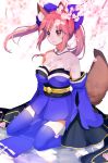  1girl animal_ears bare_shoulders blue_legwear bow breasts cherry_blossoms cleavage detached_collar detached_sleeves fate/extra fate_(series) fox_ears fox_tail hair_bow highres japanese_clothes kneeling pink_hair reflection smile solo tail tamamo_(fate)_(all) tamamo_no_mae_(fate) thigh-highs towakarasu yellow_eyes 