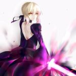  1girl absurdres choker dark_excalibur fate/grand_order fate/stay_night fate_(series) highres looking_at_viewer looking_back minarai_tenna saber saber_alter short_hair shoulder_blades solo yellow_eyes 