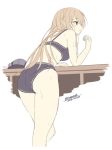  1girl ass bare_arms bare_legs bikini bismarck_(kantai_collection) black_bikini blonde_hair blue_eyes breasts cowboy_shot elbow_rest exe_(xe) from_behind kantai_collection leaning_forward long_hair looking_away medium_breasts midriff parted_lips sketch swimsuit thighs 