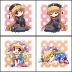  2girls american_flag_dress animal_ears black_dress blonde_hair blush chibi chinese_clothes closed_eyes clownpiece dress fairy_wings hat hemogurobin_a1c highres jester_cap junko_(touhou) long_hair long_sleeves looking_at_viewer multiple_girls open_mouth pantyhose polka_dot pom_pom_(clothes) red_eyes ribbon saliva short_dress sitting sleeping smile star star_print striped tabard touhou very_long_hair wide_sleeves wings yellow_ribbon 