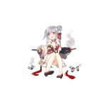  1girl alternate_costume bare_legs between_breasts blush breasts broken brown_eyes cannon china_dress chinese_clothes cleavage_cutout damaged depth_charge dress eyebrows eyebrows_visible_through_hair fang floral_print full_body fur_trim grey_hair hair_bun hand_between_breasts holding large_breasts long_sleeves looking_at_viewer machinery official_art open_mouth ping_hai_(zhan_jian_shao_nyu) red_dress red_ribbon red_shoes ribbon saru shoes sitting smoke smokestack solo tassel torn_clothes transparent_background turret zhan_jian_shao_nyu 
