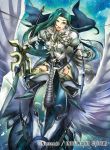  1girl armor cape circlet company_name feathered_wings fingerless_gloves fire_emblem fire_emblem:_seisen_no_keifu fire_emblem_cipher fur_trim gloves green_eyes green_hair long_hair mahnya_(fire_emblem) official_art open_mouth pegasus pegasus_knight polearm snowing spear teeth weapon wings 