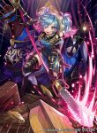  1girl blue_hair bow company_name fire_emblem fire_emblem_cipher fire_emblem_if gloves hair_over_one_eye horse lantern long_hair matsurika_youko multicolored_hair official_art open_mouth pieri_(fire_emblem_if) pink_hair polearm solo spear teeth twintails two-tone_hair weapon 