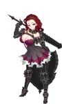  1girl armor armored_boots armored_dress artist_request boots breasts choker cleavage dress full_body gauntlets hairband holding holding_weapon long_hair red_eyes sennen_sensou_aigis shield short_dress simple_background standing sword violet_eyes weapon white_background 