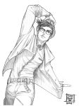  1boy 2016 absurdres artist_name belt bracelet fedora glasses graphite_(medium) greyscale hand_on_own_head hat hatching_(texture) highres jacket jewelry jojo_no_kimyou_na_bouken joseph_joestar_(young) male_focus maya_panda monochrome one_eye_closed pose ring solo star traditional_media watermark 