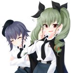  2girls :d anchovy belt belt_buckle beret black_cape black_hair black_necktie black_ribbon blue_skirt braid breasts brown_eyes buckle closed_eyes collared_shirt dress_shirt drill_hair emblem eyebrows eyebrows_visible_through_hair fang finger_to_cheek girls_und_panzer green_hair grin hair_ornament hair_ribbon hands_on_own_stomach hat highres laughing long_hair long_sleeves looking_at_viewer miniskirt multiple_girls narynn necktie open_mouth pepperoni_(girls_und_panzer) purple_hair ribbon school_uniform shirt short_hair side_braid simple_background skirt smile teeth twin_drills twintails upper_body white_background white_shirt wing_collar 