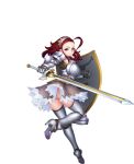 1girl armor armored_boots artist_request boots breastplate full_body gauntlets hair_ornament hairband holding holding_weapon looking_at_viewer looking_back redhead sennen_sensou_aigis shield simple_background smile solo sword thigh-highs violet_eyes weapon white_background 