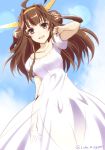  1girl breasts brown_eyes brown_hair cleavage collarbone dress from_below hair_ornament hand_in_hair kantai_collection kongou_(kantai_collection) long_hair looking_at_viewer medium_breasts ookami_maito see-through see-through_silhouette solo sundress white_dress 