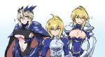  3girls ahoge anger_vein armor armored_dress artoria_pendragon_alter_(fate/grand_order) artoria_pendragon_lancer_(fate/grand_order) blonde_hair breast_envy breasts cape center_opening cleavage cleavage_cutout closed_eyes covered_navel depo_(typebaby505) fate/grand_order fate/stay_night fate_(series) gauntlets green_eyes hair_bun horns large_breasts long_hair looking_at_another midriff multiple_girls multiple_persona navel open_mouth pauldrons puffy_sleeves saber saber_alter sidelocks sparkle sweatdrop under_boob yellow_eyes 