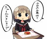  black_eyes brown_hair canned_food character_request commentary desk kanikama long_sleeves neckerchief original school_desk school_uniform short_hair sitting solo speech_bubble surstromming translated 