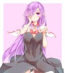  1girl bandage_over_one_eye bandages black_dress blush breasts covered_navel dress fingernails hand_on_own_face large_breasts long_fingernails long_hair looking_at_viewer open_mouth original pointy_ears purple_hair rinrin_(927413) solo violet_eyes 