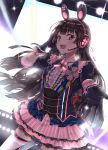 1girl akai_tanuki bangs black_hair braid costume gloves headphones highres long_hair looking_at_viewer nijisanji open_mouth rainbow skirt smile thighs tsukino_mito 