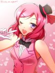 1girl black_bow bow bowtie eyebrows eyebrows_visible_through_hair finger_to_mouth gloves hat index_finger_raised looking_at_viewer love_live! love_live!_school_idol_project mini_hat nishikino_maki one_eye_closed ookami_maito open_mouth pink_hair short_hair solo upper_body violet_eyes white_gloves 