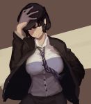  1girl adjusting_clothes adjusting_hat black_hair black_jacket breasts cabbie_hat dress_shirt forbidden_scrollery hat highres jacket kikimifukuri large_breasts long_sleeves looking_at_viewer necktie open_clothes open_jacket parted_lips pointy_ears red_eyes shameimaru_aya shirt short_hair smile solo striped striped_necktie suit_jacket touhou upper_body white_shirt 
