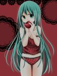  1girl apple camisole food fruit green_eyes green_hair hair_down hatsune_miku highres long_hair looking_at_viewer panties romeo_to_cinderella_(vocaloid) solo underwear very_long_hair vocaloid 