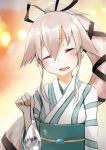  1girl ^_^ alternate_costume blurry bokeh closed_eyes dai_yasude depth_of_field hair_ribbon highres japanese_clothes kantai_collection kimono long_hair open_mouth pink_hair ponytail ribbon smile solo yukata yura_(kantai_collection) 