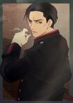  1boy black_eyes black_hair cigarette code_zero_uniform dated from_behind gloves hair_slicked_back highres holding holding_cigarette looking_at_viewer looking_back maede_yoshinbu makoto1009 male_focus mars_red mature_male military_uniform short_hair signature smoking uniform v-shaped_eyebrows white_gloves 