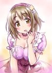  1girl blush breasts brown_eyes brown_hair cleavage hair_ornament highres idolmaster idolmaster_cinderella_girls large_breasts looking_at_viewer mimura_kanako open_mouth satogo short_hair solo tongue tongue_out whipped_cream 