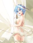  1girl :d ass bare_shoulders blue_eyes blue_hair blush breasts curtains eyes_visible_through_hair frilled_legwear hair_ornament hair_over_one_eye lingerie maid_headdress medium_breasts nakajima_yuka open_mouth panties re:zero_kara_hajimeru_isekai_seikatsu rem_(re:zero) sheer_clothes short_hair sleeveless smile solo thigh-highs underwear white_legwear wind wind_lift window x_hair_ornament 