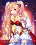  1girl :d blonde_hair circlet detached_sleeves goosebumps_(circle) hand_on_hip long_hair looking_at_viewer midriff navel open_mouth pointy_ears red_eyes seikon_no_arcana smile solo sparkle standing twintails watermark yoreri 