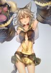  1girl akariko_(akaringo) animal_ears arm_up armpits blush claws collar collarbone cowboy_shot detached_sleeves erun_(granblue_fantasy) granblue_fantasy green_skirt hair_between_eyes hip_vent long_hair looking_at_viewer miniskirt open_mouth pleated_skirt sen_(granblue_fantasy) silver_hair simple_background skirt 