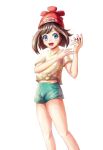  1girl beanie blue_eyes brown_hair female_protagonist_(pokemon_sm) hat holding midriff open_mouth poke_ball pokemon pokemon_(game) pokemon_sm shirt short_hair short_shorts shorts smile solo 