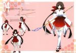  1girl absurdres brown_hair concept_art crossed_legs highres holding holding_weapon japanese_clothes kumon_waka long_hair looking_at_viewer miko naginata open_mouth phantom_breaker polearm sandals simple_background solo standing suzuhira_hiro thigh-highs very_long_hair weapon white_legwear wide_sleeves 