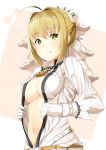  1girl :p ahoge belt blonde_hair bodysuit breasts center_opening chain cleavage fate/extra fate/extra_ccc fate/grand_order fate_(series) flower gloves green_eyes lock looking_at_viewer mugipot navel padlock saber_bride saber_extra smile solo tongue tongue_out veil 